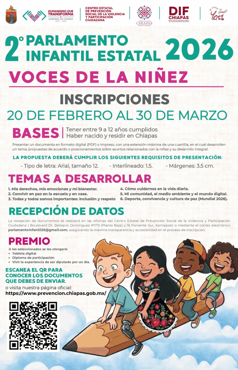 Congreso de Chiapas convoca al 2° Parlamento Infantil Estatal 2026 “Voces de la Niñez”