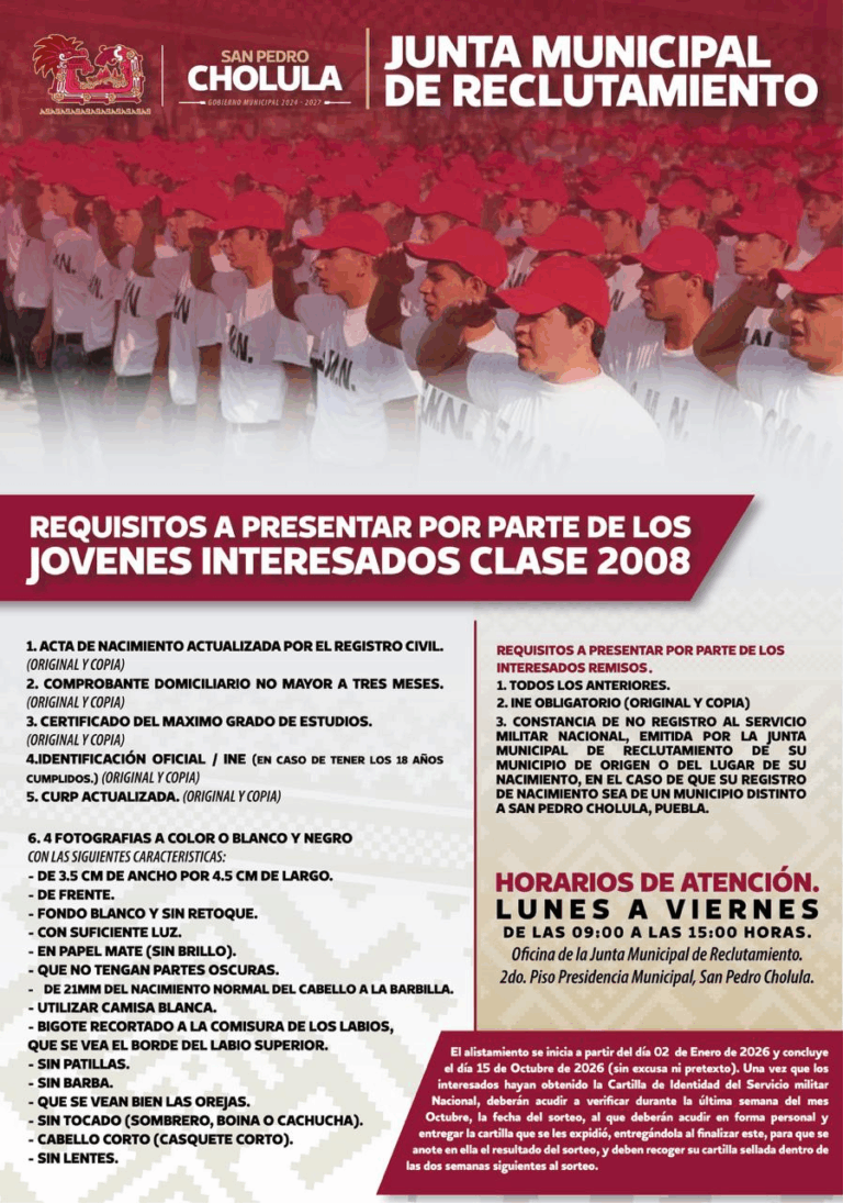 Invitan a jóvenes de Cholula a tramitar su Cartilla del Servicio Militar Nacional