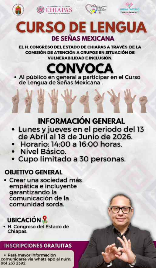 Congreso de Chiapas invita a curso básico de Lengua de Señas Mexicana