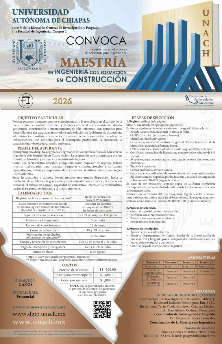 UNACH abre convocatoria para Maestría en Ingeniería con formación en Construcción 2026