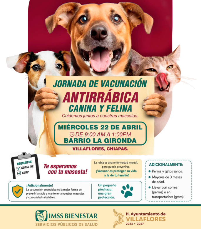Hoy se realiza jornada de vacunación antirrábica para mascotas en Villaflores