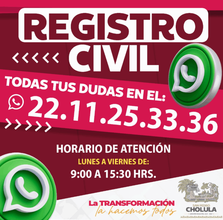 Cholula habilita atención por WhatsApp para trámites del Registro Civil