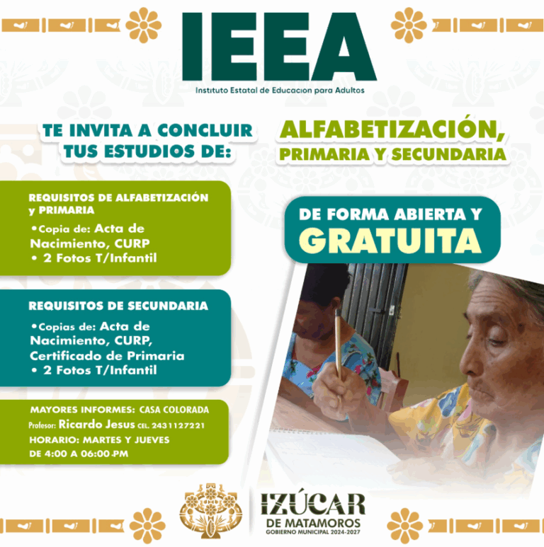 Izúcar de Matamoros impulsa educación gratuita para adultos en coordinación con el IEEA