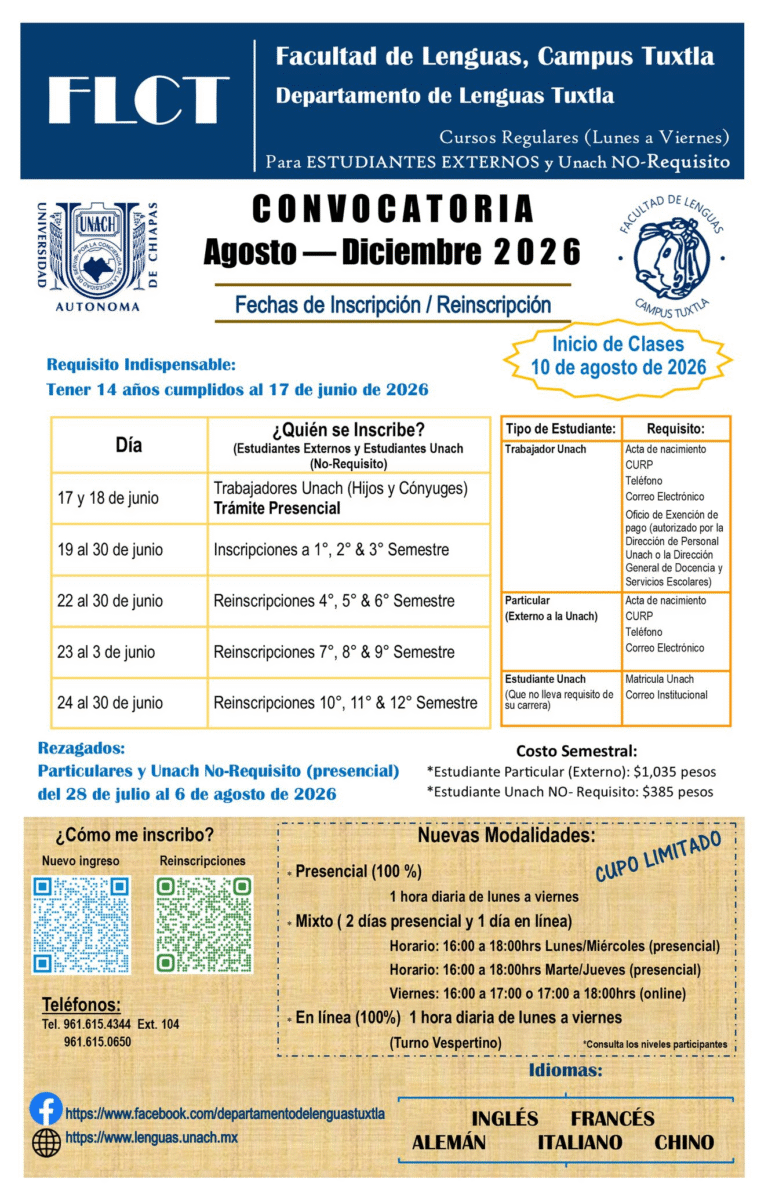 UNACH abre convocatoria para cursos de idiomas del ciclo Agosto-Noviembre 2026