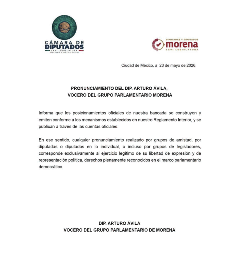 Morena aclara que posicionamientos oficiales de su bancada se emiten por canales institucionales