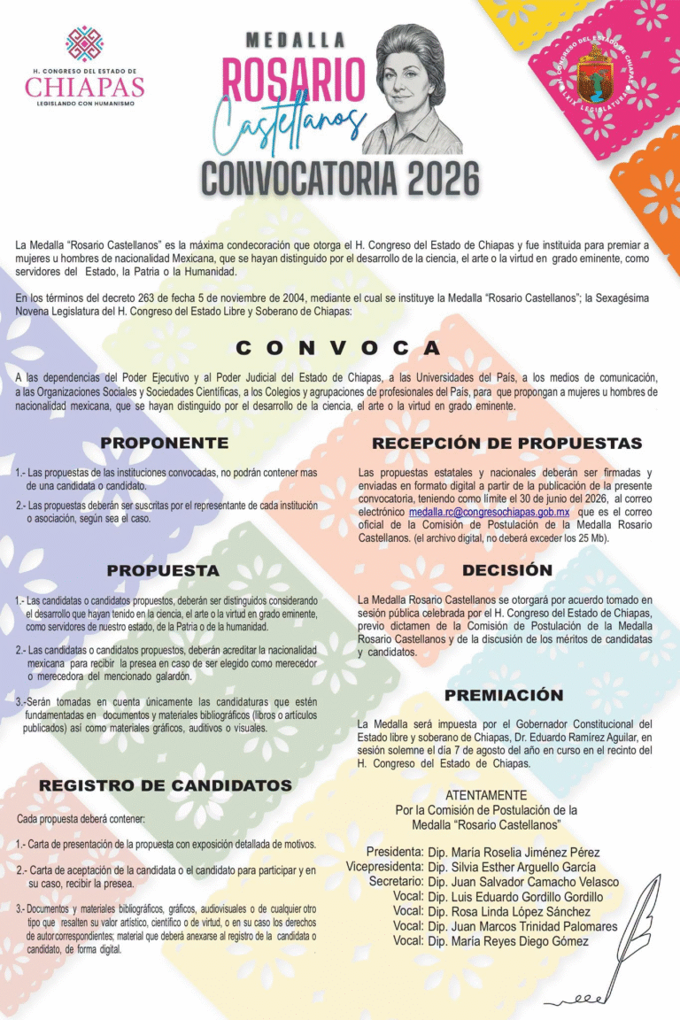 Congreso de Chiapas abre convocatoria para la Medalla “Rosario Castellanos” 2026