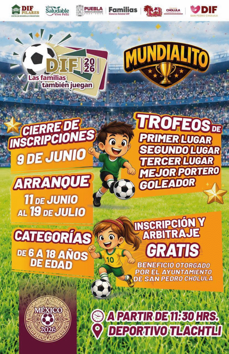 Invitan a niñas, niños y jóvenes a participar en el Mundialito Cholulteca 2026