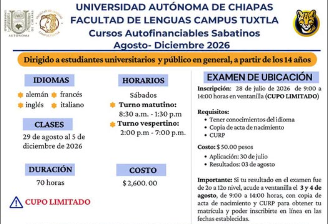 UNACH abre inscripciones para cursos sabatinos de idiomas en Tuxtla