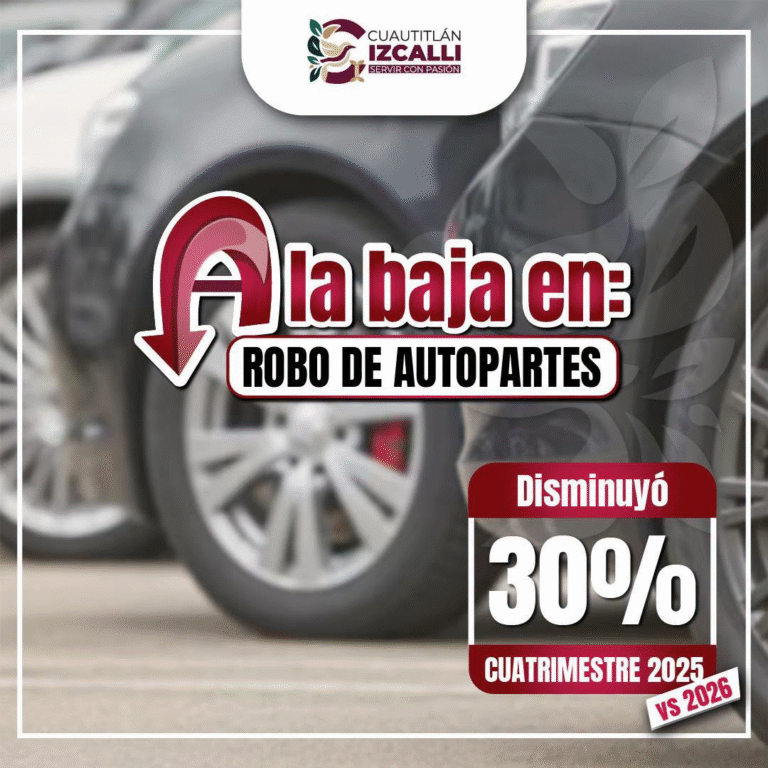 Cuautitlán Izcalli reduce 30% el robo de autopartes en 2026, reporta el SESNSP