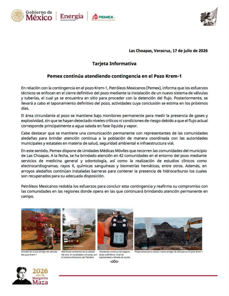 Pemex avanza en cierre definitivo del pozo Krem-1 tras mantener atención permanente a la contingencia