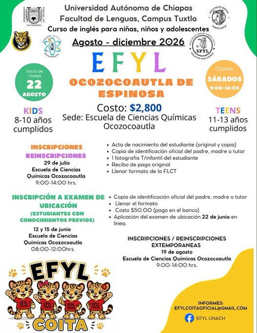 UNACH abre inscripciones para cursos de inglés dirigidos a niñas, niños y adolescentes en Ocozocoautla