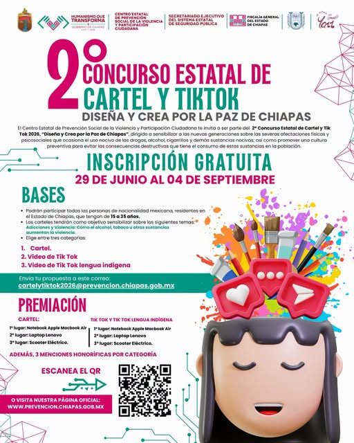 Invitan a jóvenes chiapanecos a participar en concurso de cartel y videos por la paz
